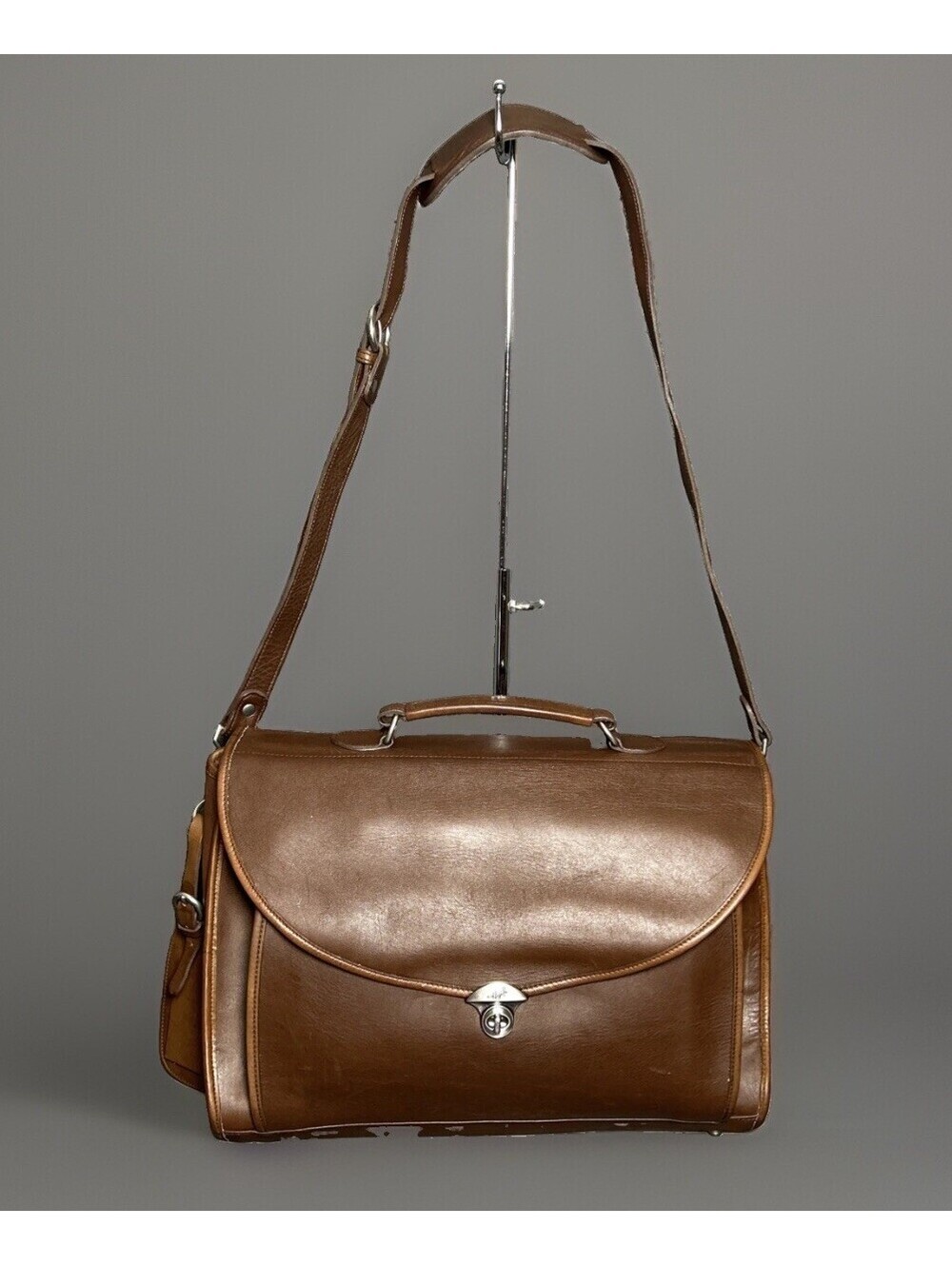 Vintage Hazel Brown Genuine Leather Briefcase Shoulder Bag Satchel 1980s Large